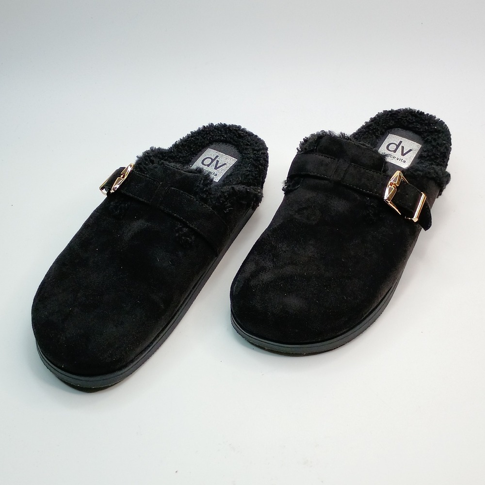 DV Dolce Vita Black Faux Suede Clogs Women Size 9 Shearling Lined Buckle Mules - Picture 2 of 10